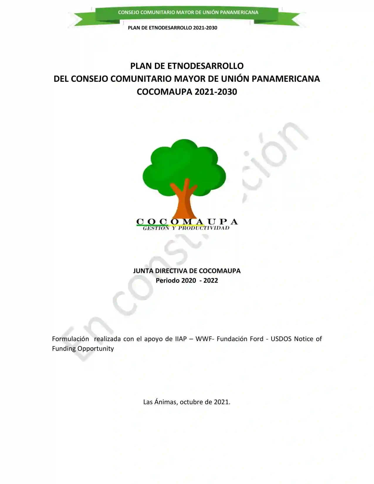 Portada Plan de Etnodesarrollo del Consejo Comunitario Mayor de Unión Panamericana COCOMAUPA 2021-2030