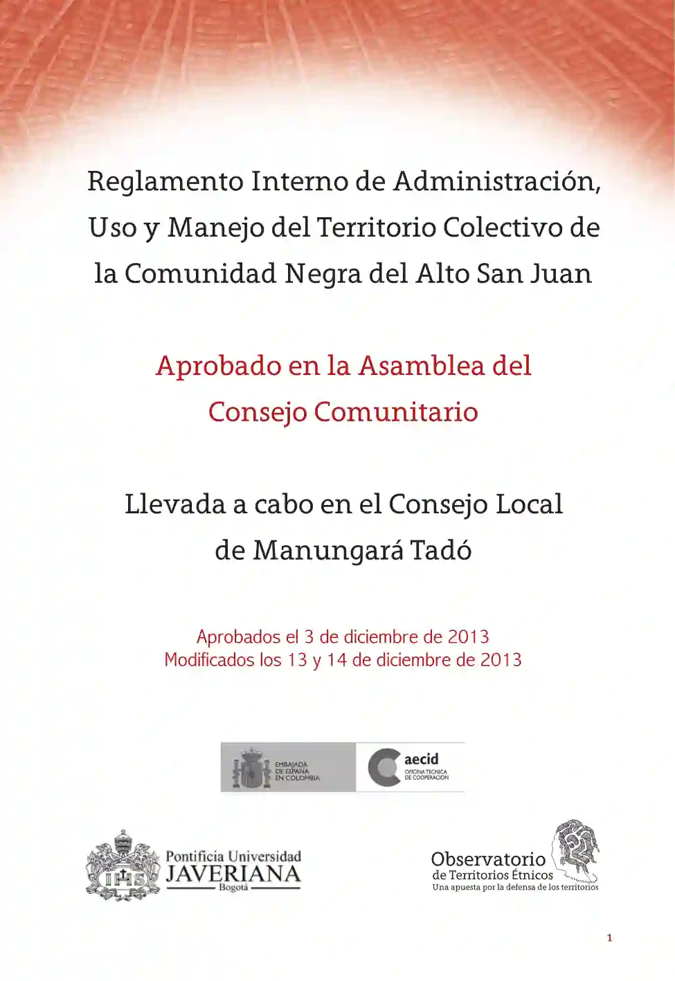 Portada Reglamento interno de administración uso y manejo del territorio colectivo de la comunidad negra del Alto San Juan